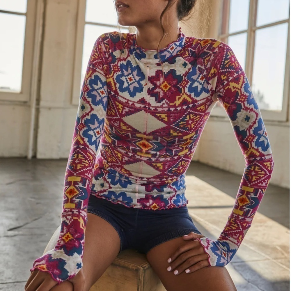 NWT Free People FP Movement Printed High Jump Mock Neck Long Sleeve Top
